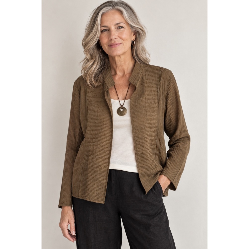 Eileen Fisher Silk Jacket Brown Textured Open Front Quiet Luxury Womens Small